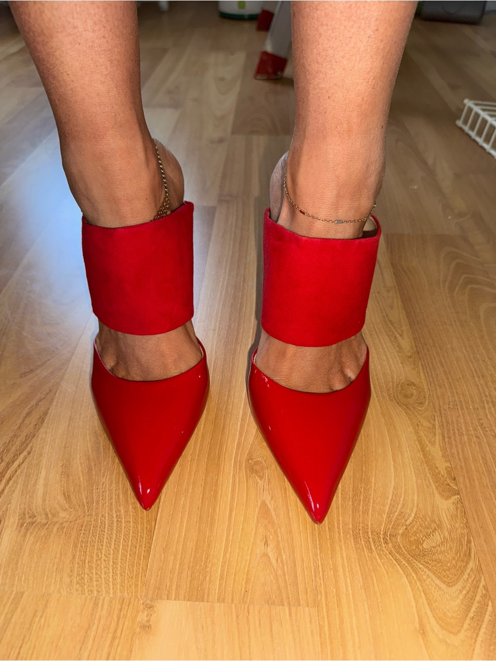 SCHUTZ Red Patent & Suede Pointed Slide Mules - Picture 4 of 12
